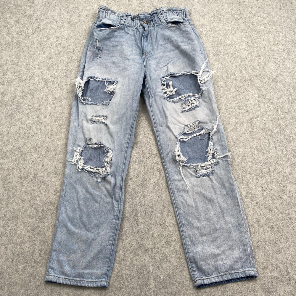 KanCan Paperbag Jeans Womens 9/28 (29x27) Blue Light Wash Distressed High Rise